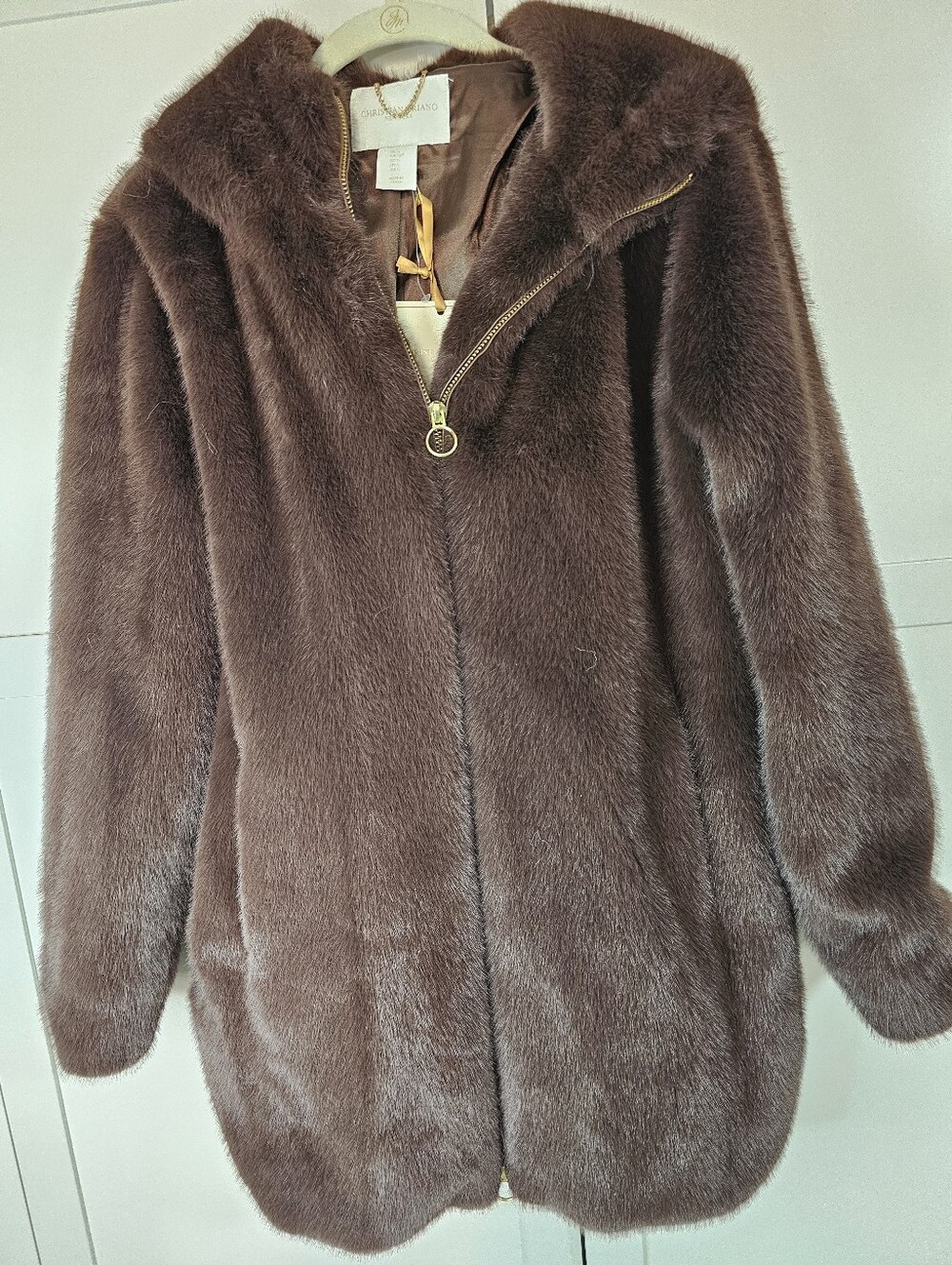 Christian Siriano Faux Fur Coat Womens S Brown Hooded Zip Long Jacket NWT Stunni - Picture 2 of 8